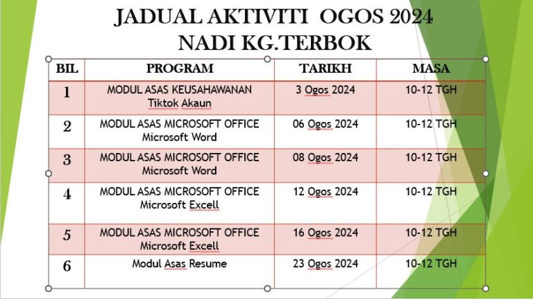 Jadual Aktiviti Ogos 2024